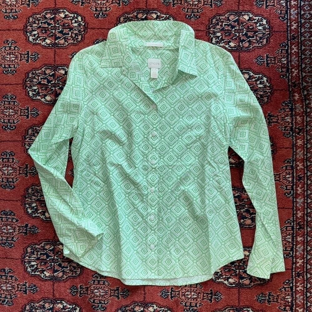 Chico's 0.5 (S/6) Green Diamond Print Button Front Long Sleeve Blouse